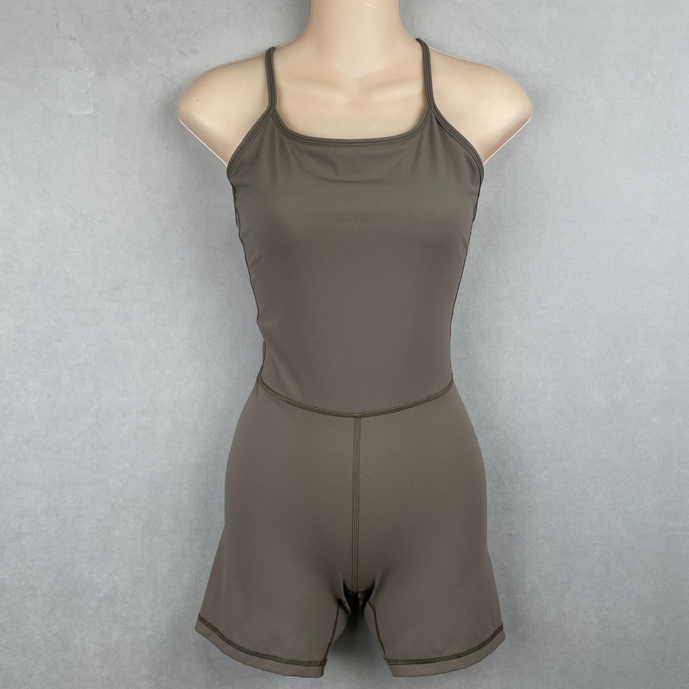 Everlane Perform Unitard XS Olive Green Crisscross Back Athletic Romper Bodysuit